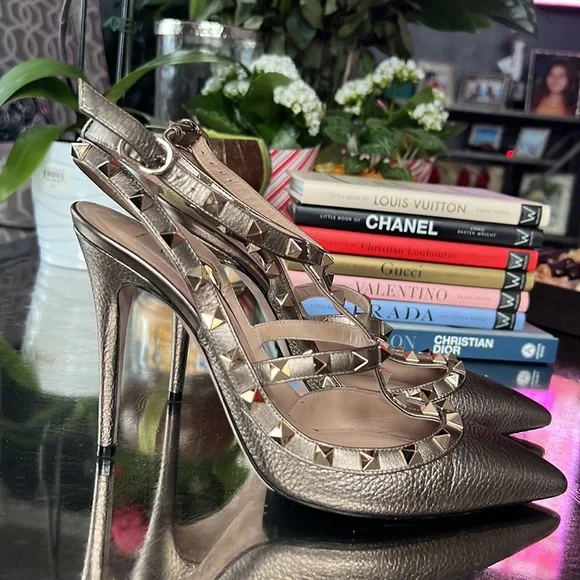 SOLD Valentino ROCKSTUD ANKLE STRAP PUMP 100 MM gold tone - Picture 5 of 14